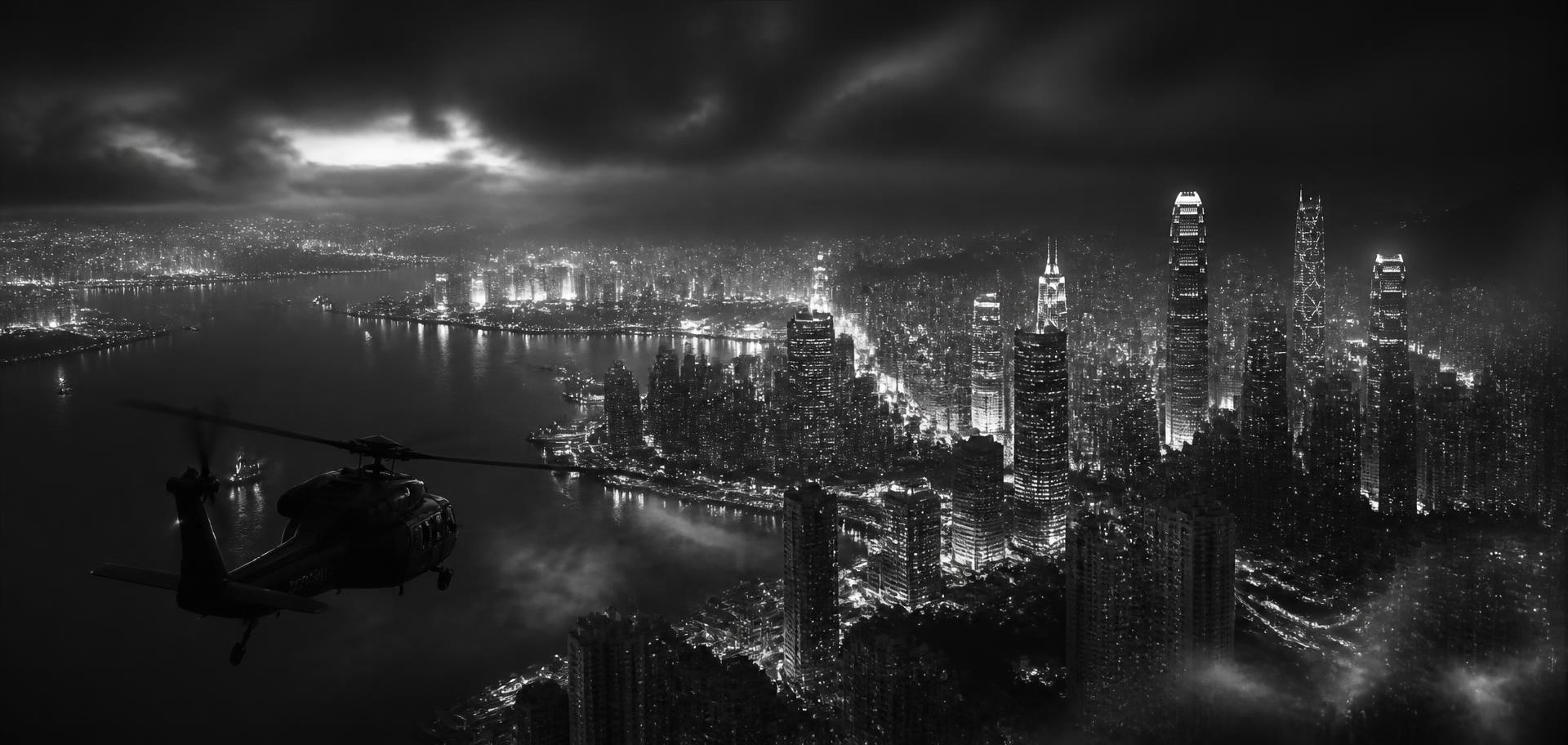 Aerial monochrome view of a city skyline at night